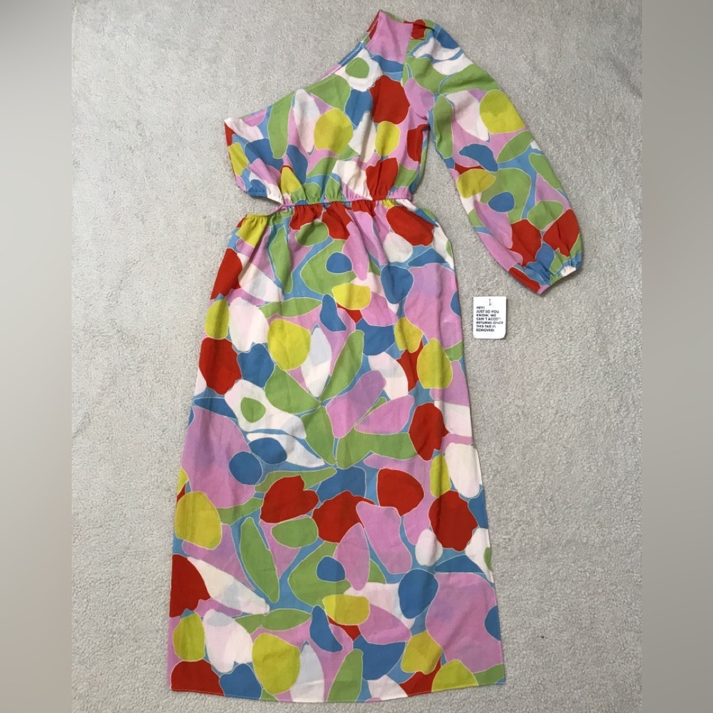 ASOS One Shoulder Midi Dress Cut Out Retro Abstract Print Multicolor Size 6 - Picture 4 of 14